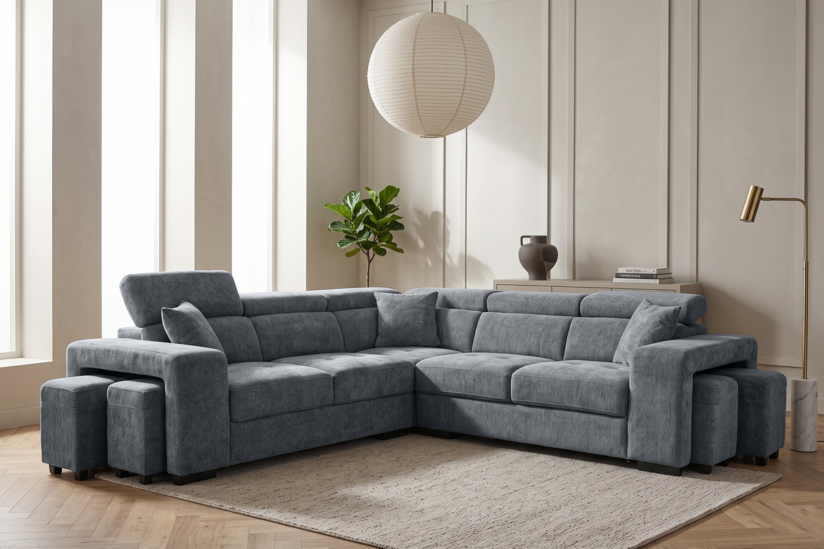 Blue Chenille Fabric 2C2 Corner Sofa with Ottomans AMY
