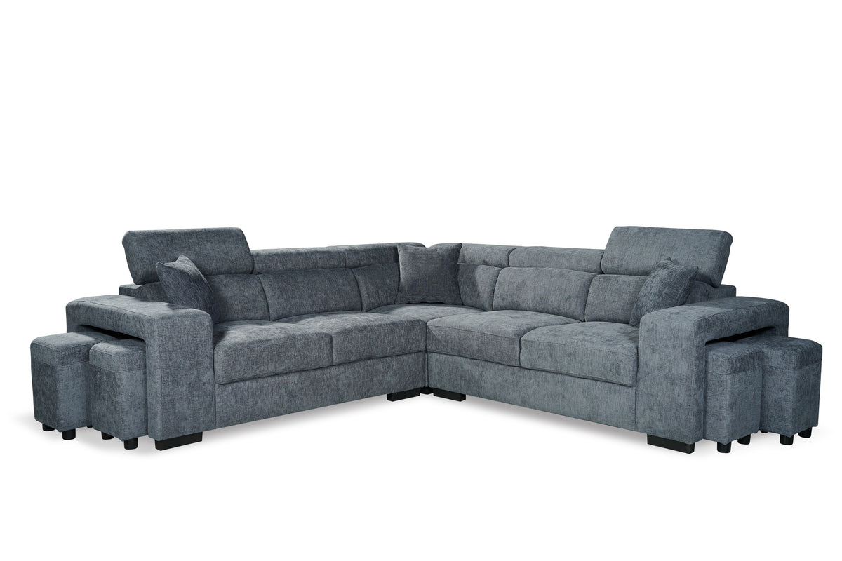 Blue Chenille Fabric 2C2 Corner Sofa with Ottomans AMY