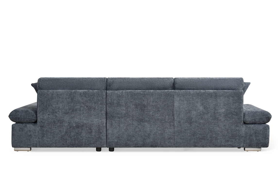 blue chenille corner sofabed with right-hand facing chaise and storage compartment