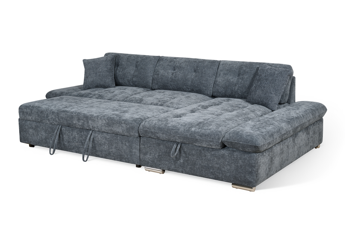 blue chenille corner sofabed with right-hand facing chaise and storage compartment