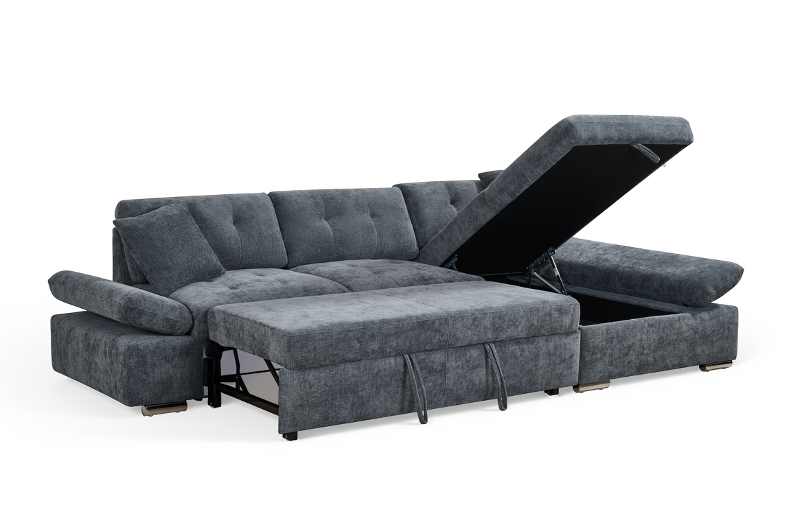 blue chenille corner sofabed with right-hand facing chaise and storage compartment