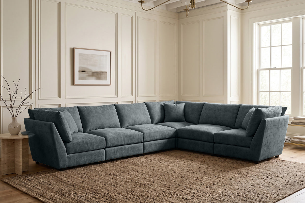 Blue Chenille Fabric 6 Seater Modular Corner Sofa MADDIE
