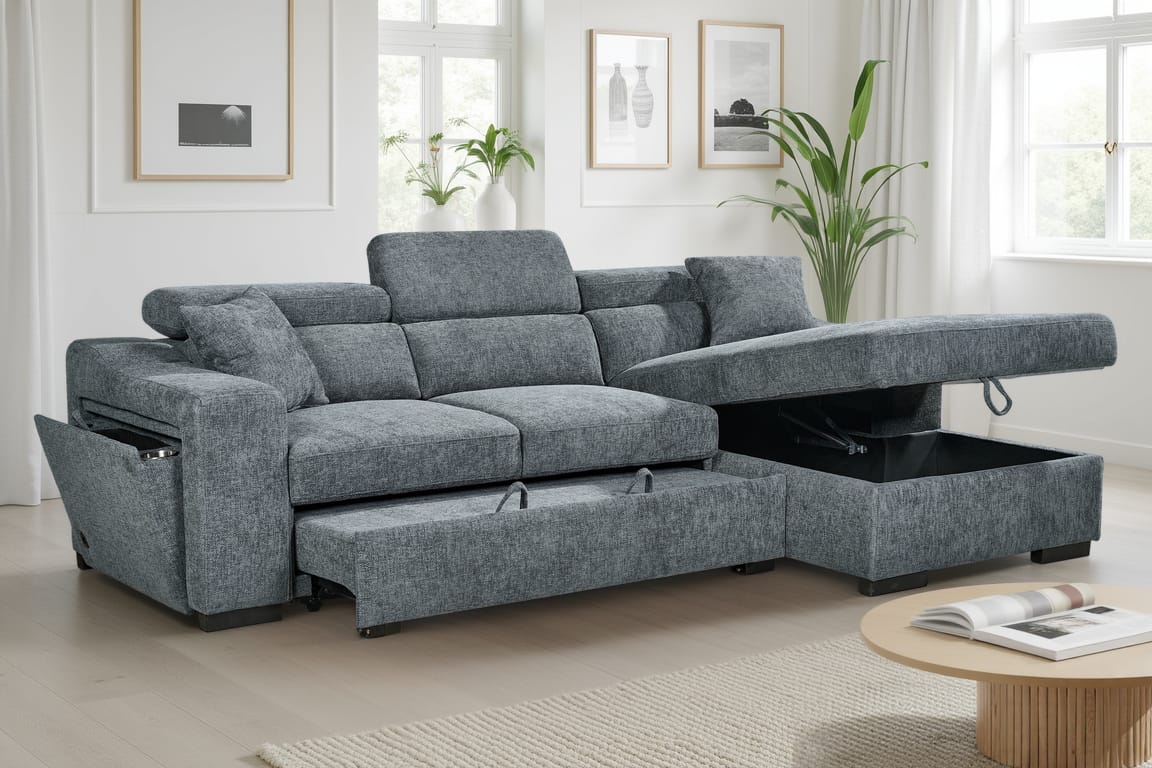 Blue Chenille Fabric 1C2 Corner Sofabed with Storage ARTHUR