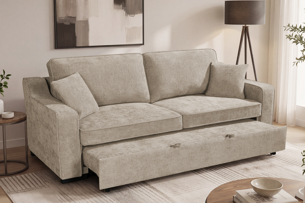 Beige Chenille Fabric 3 Seater Sofabed NATHAN