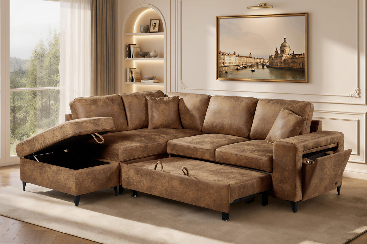 Faux Leather Suede Brown 1C2 Corner Sofabed with Storage JAMIE