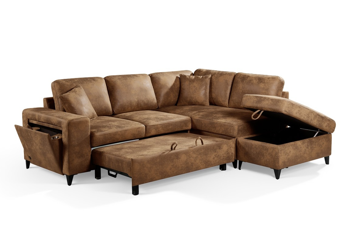 Faux Leather Suede Brown 2C1 Corner Sofabed with Storage JAMIE