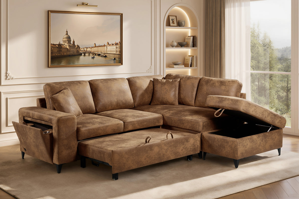 Faux Leather Suede Brown 2C1 Corner Sofabed with Storage JAMIE