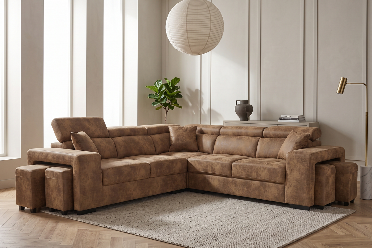 Faux Leather Suede Brown 2C2 Corner Sofa with Ottomans AMY