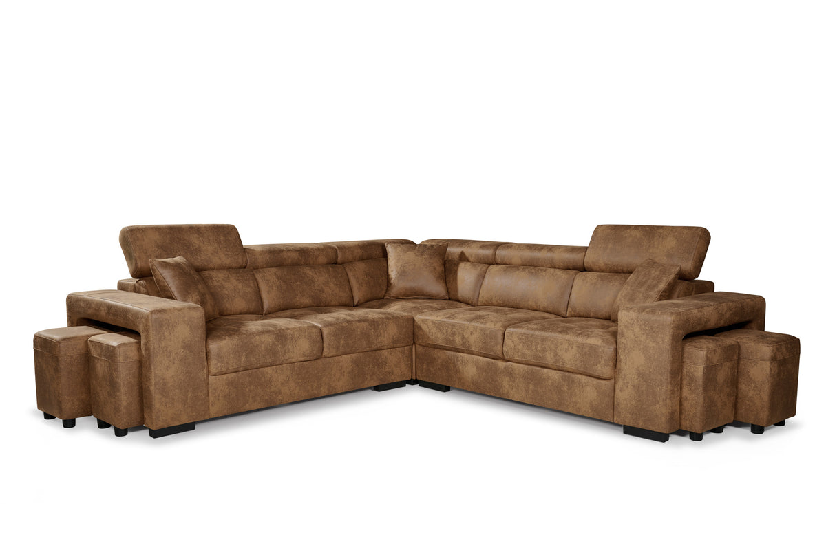 Faux Leather Suede Brown 2C2 Corner Sofa with Ottomans AMY