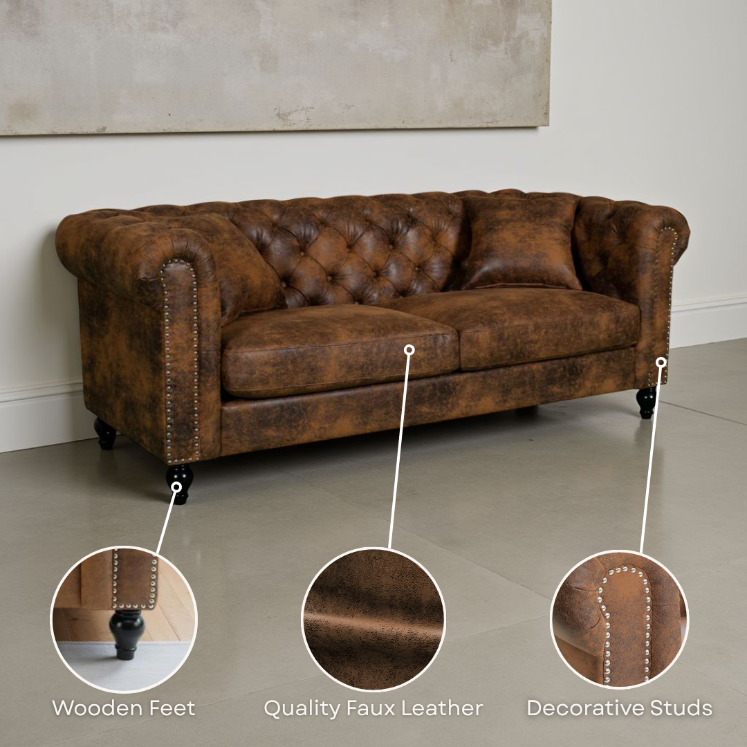 Faux Leather Suede Brown 3 + 2 Seater Chesterfield Sofa Set With Wooden Feet CAMDEN