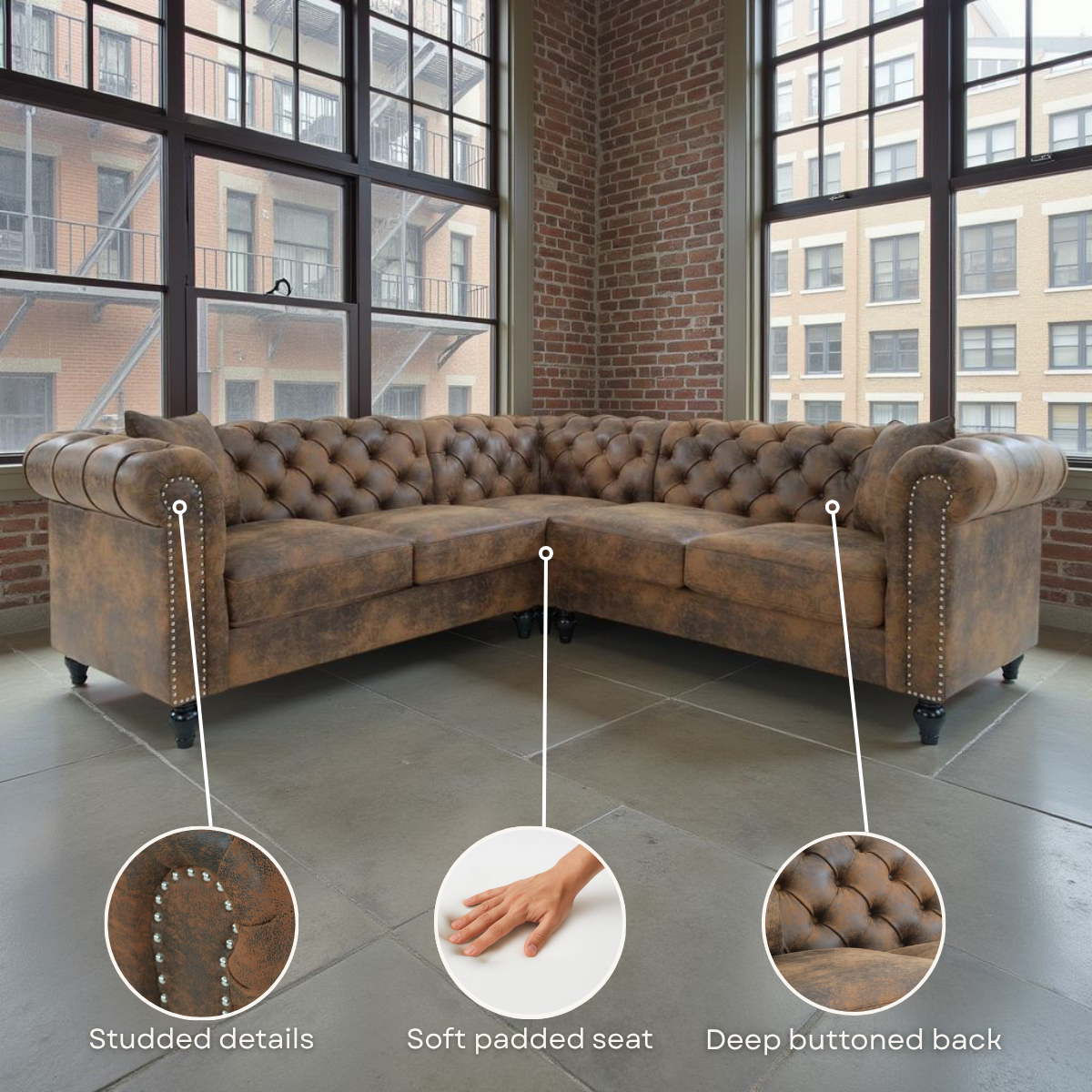 Faux Leather Suede Brown 2C2 Chesterfield Corner Sofa With Wooden Feet CAMDEN