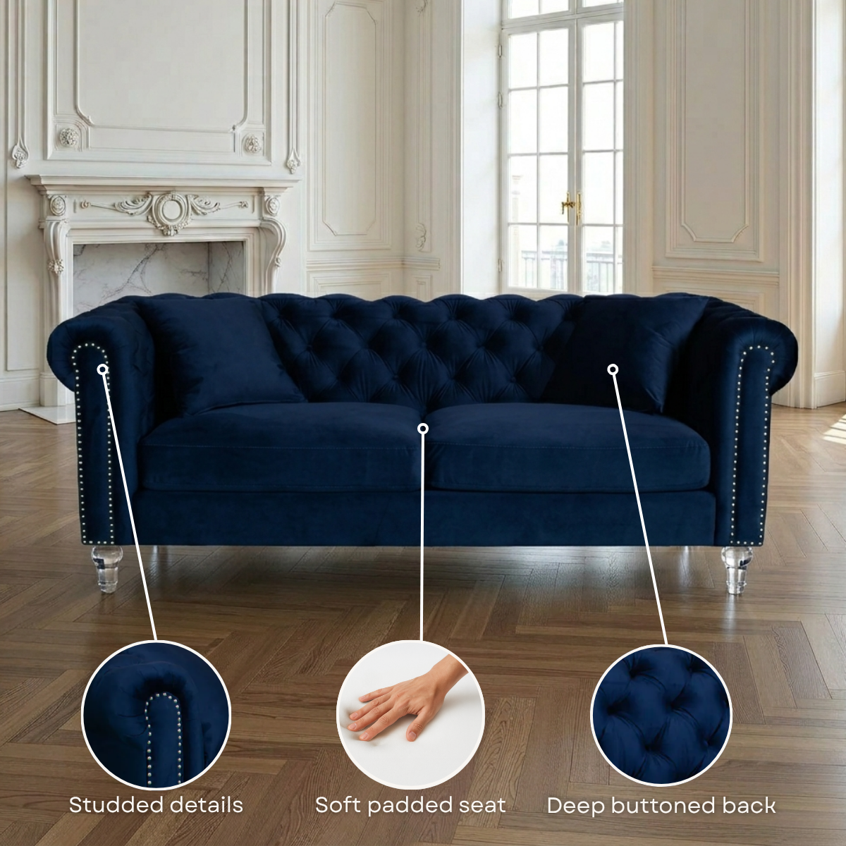 Velvet Navy Blue 2 Seater Chesterfield Sofa With Acrylic Feet CAMDEN