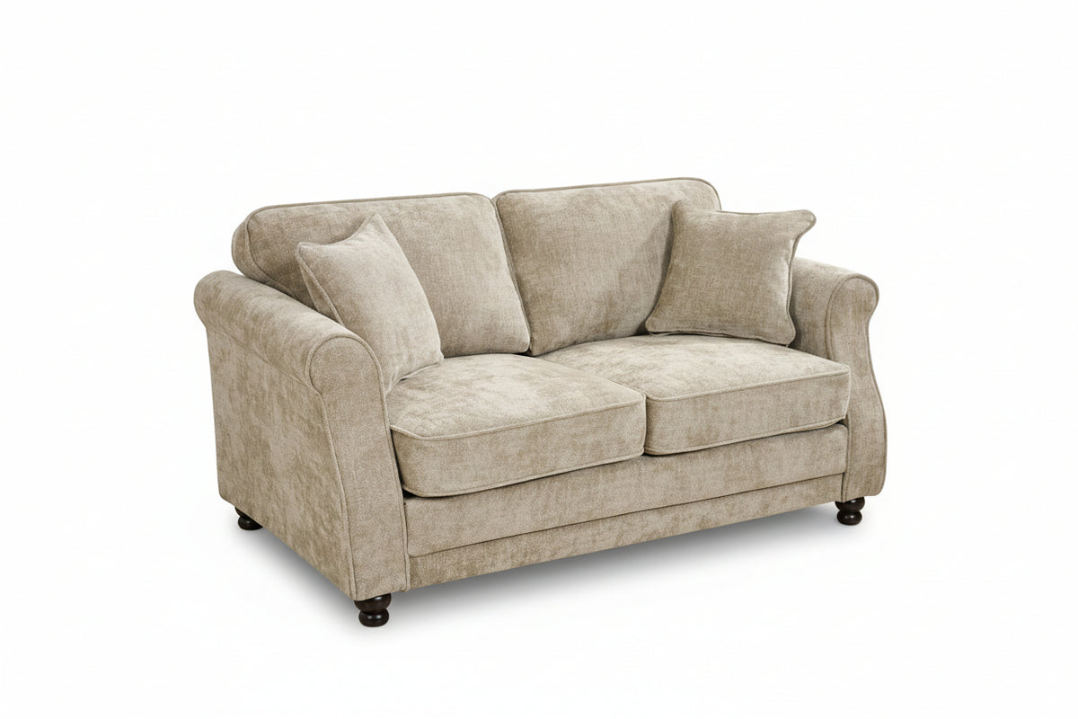 Beige chenille 2 seater sofa with accent cushions and wooden legs on a white background