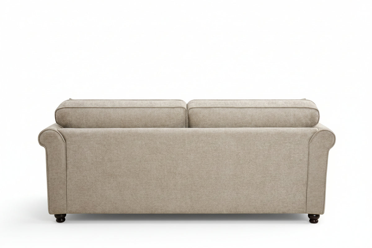Beige chenille 3 seater sofa with accent cushions and wooden legs on a white background
