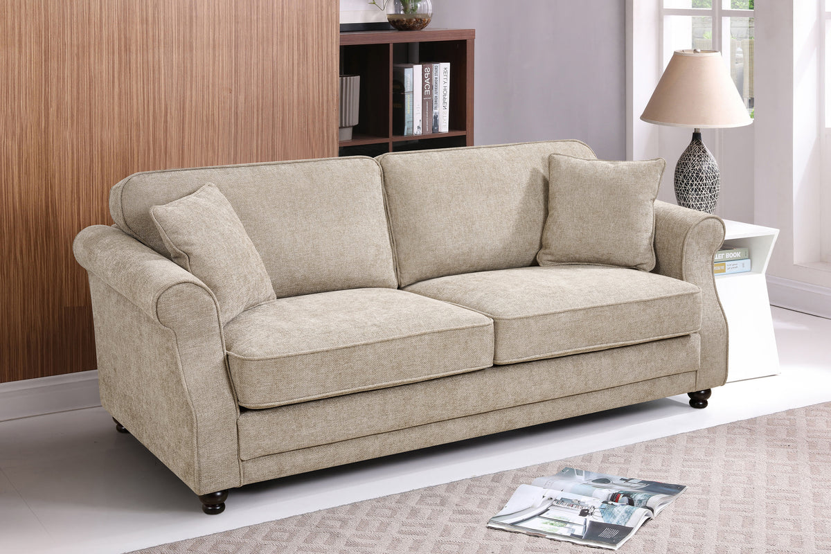 Beige chenille 3 seater sofa in a living room