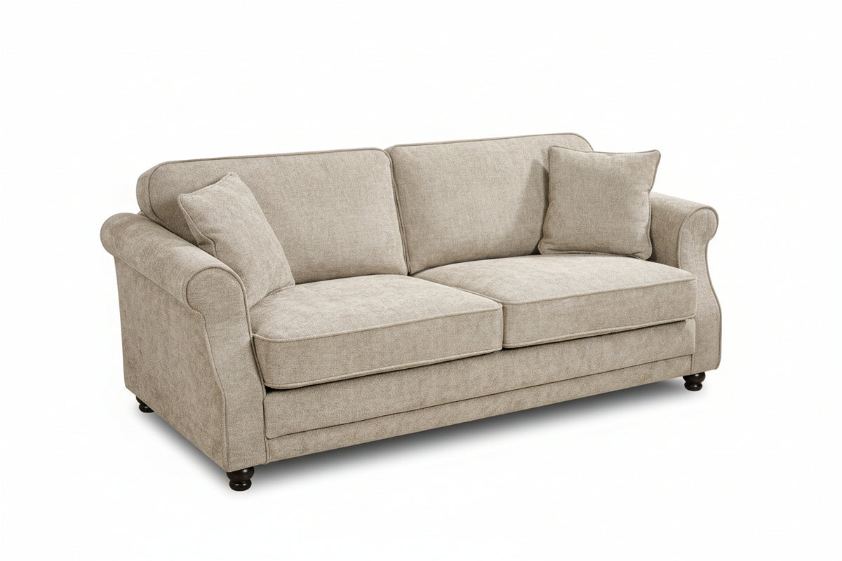 Beige chenille 3 seater sofa with accent cushions and wooden legs on a white background