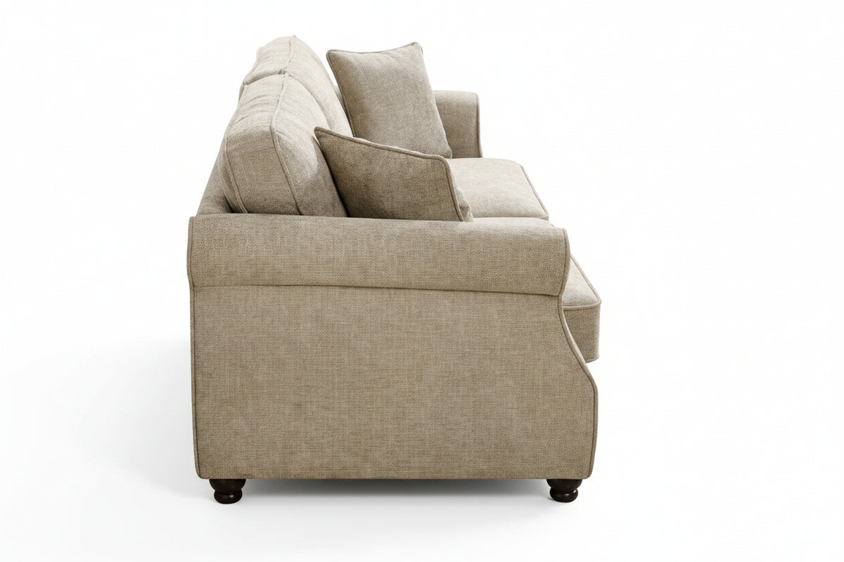 Beige chenille 3 seater sofa with accent cushions and wooden legs on a white background