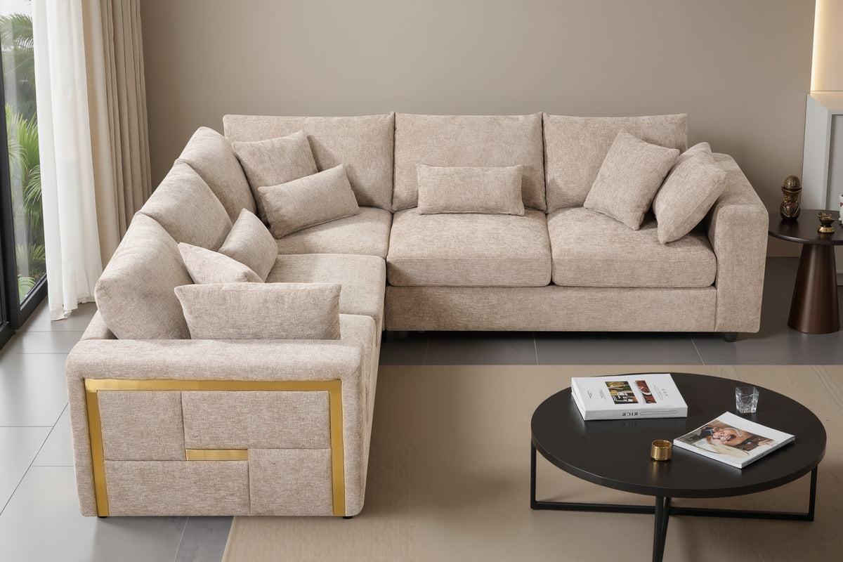 Chenille Fabric Beige 2C2 Corner Sofa with Gold Accents GEORGE