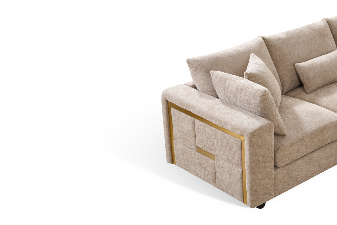 Chenille Fabric Beige 2C2 Corner Sofa with Gold Accents GEORGE