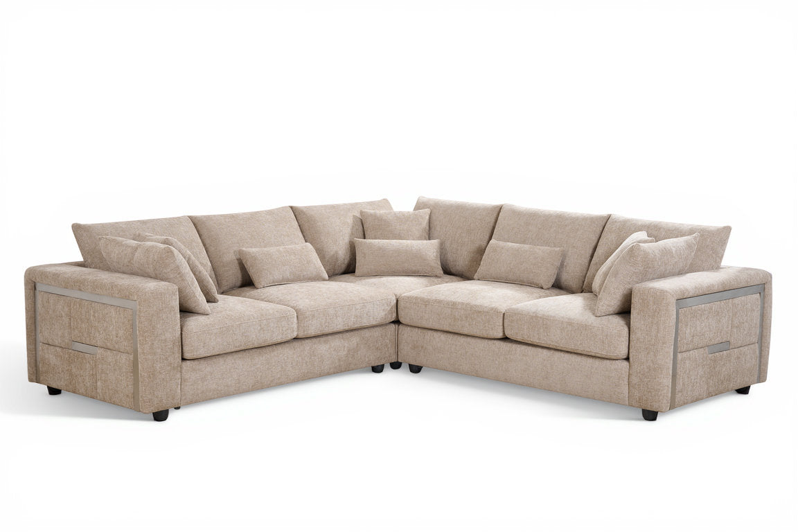 beige corner sofa in chenille fabric upholstery