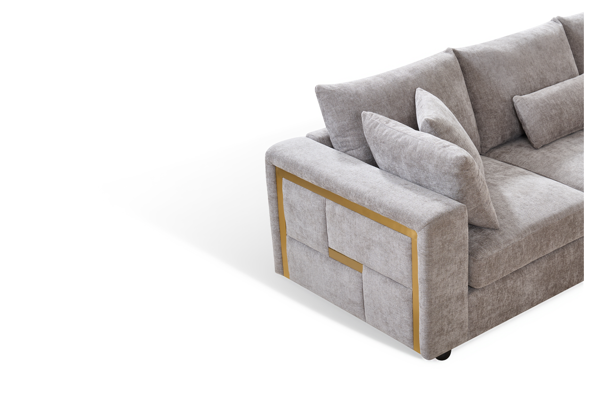 Chenille Fabric Grey 2C2 Corner Sofa with Gold Accents GEORGE
