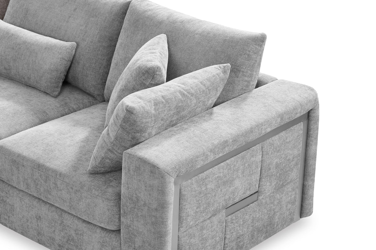 modern grey corner sofa in chenille fabric upholstery with stylish metal trim detail on the sides