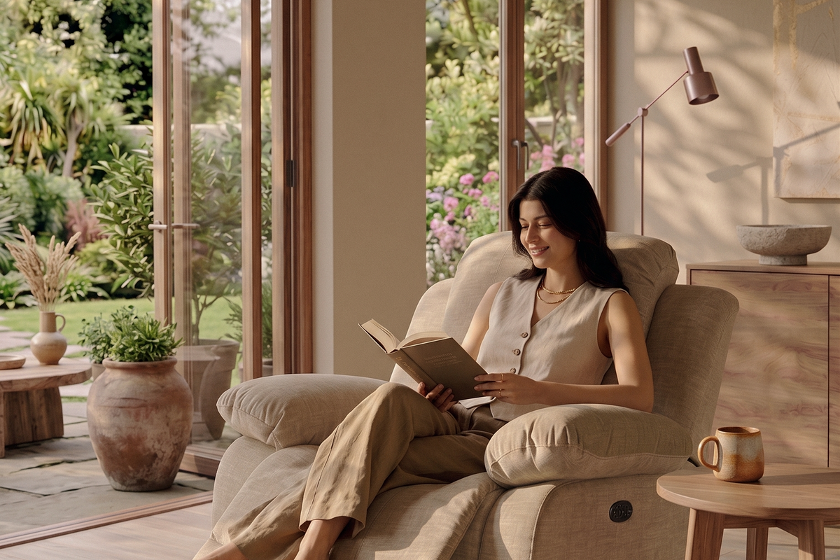 Chenille Fabric Oatmeal Beige Electric Recliner Chair VALENCIA