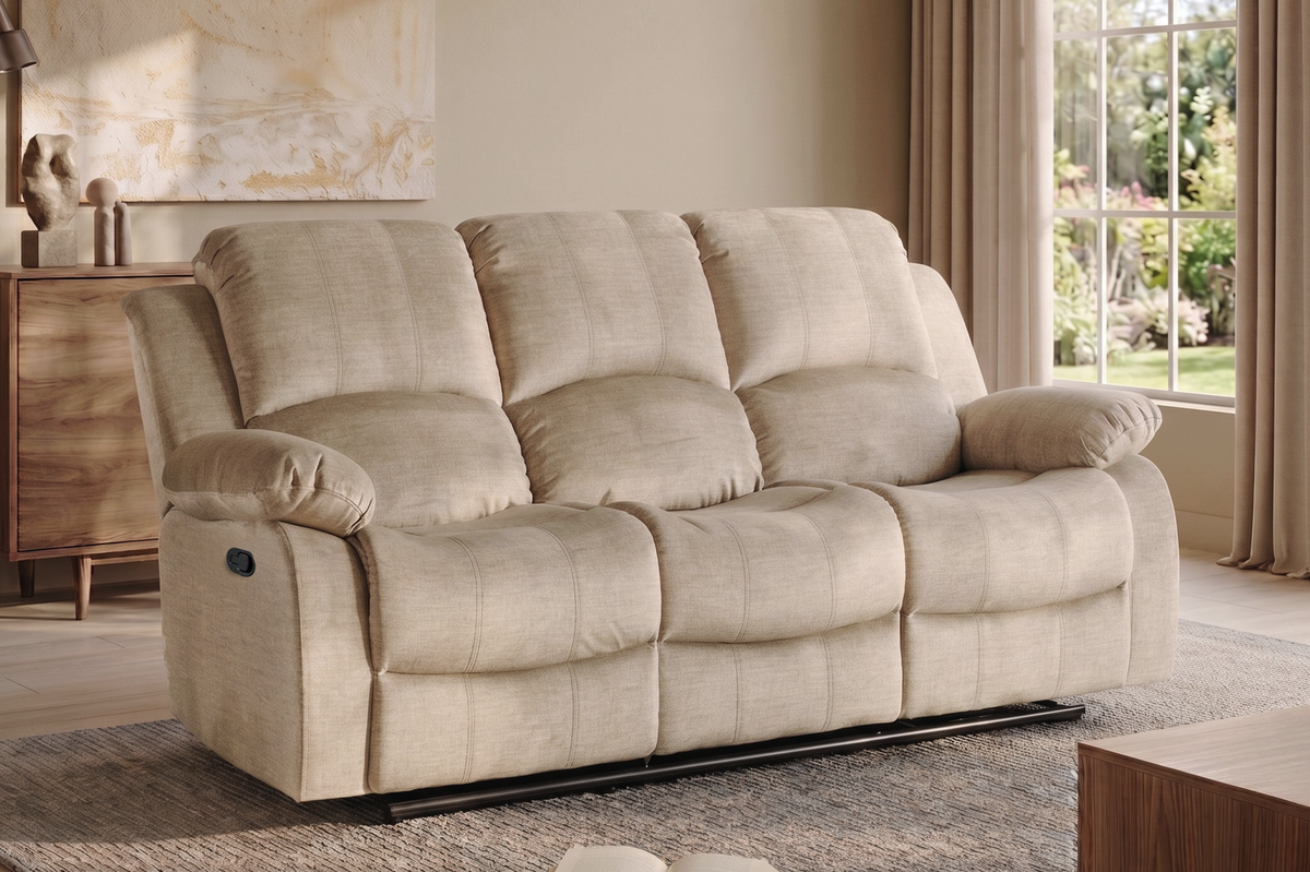 Chenille Fabric Oatmeal Beige 3 Seater Manual Recliner Sofa VALENCIA
