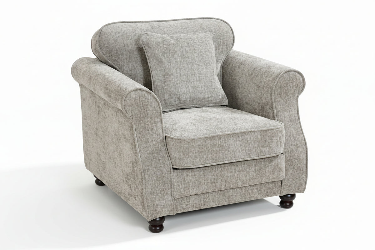 Grey chenille 1 seater sofa with an accent cushion and wooden legs on a white background