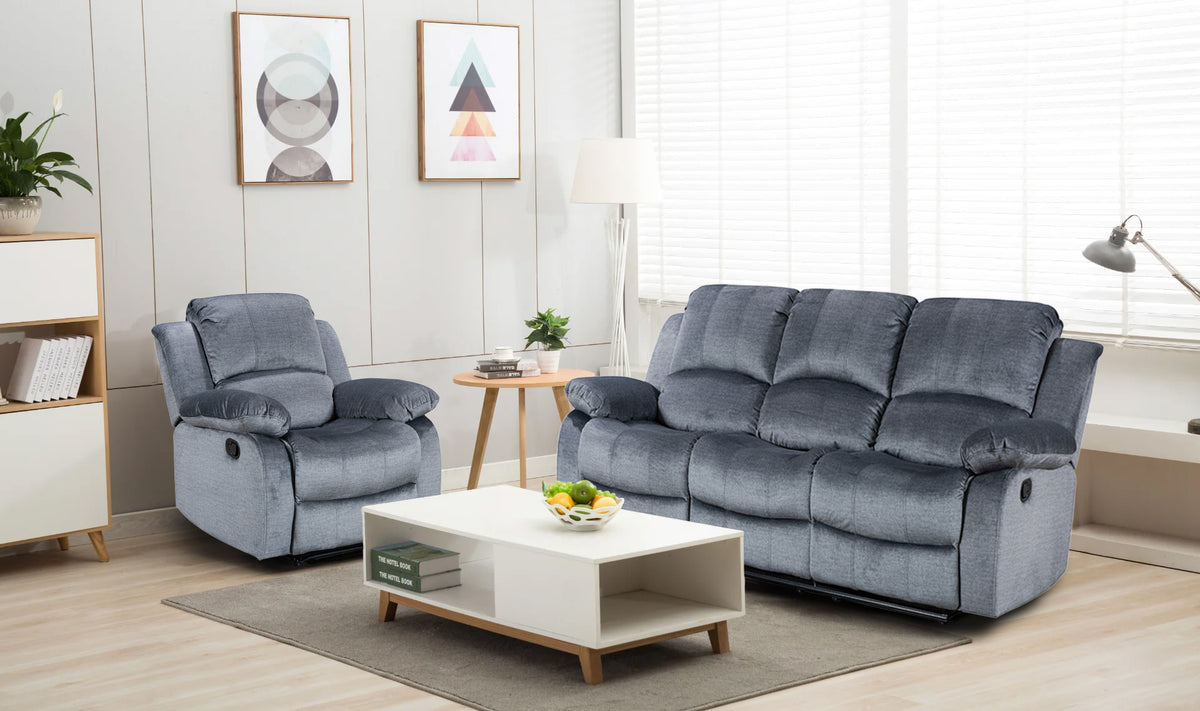 Chenille Fabric Grey 3 + 1 Seater Manual Recliner Sofa Set VALENCIA
