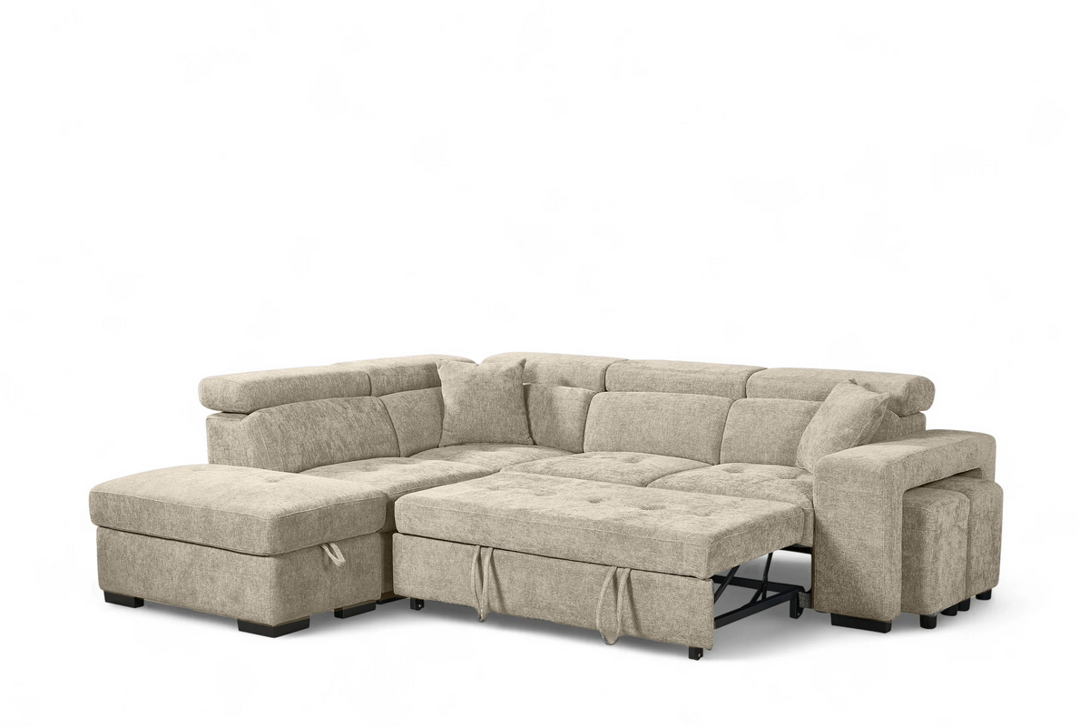 Beige Chenille Fabric 1C2 Corner Sofabed with Storage and Ottomans AMELIA