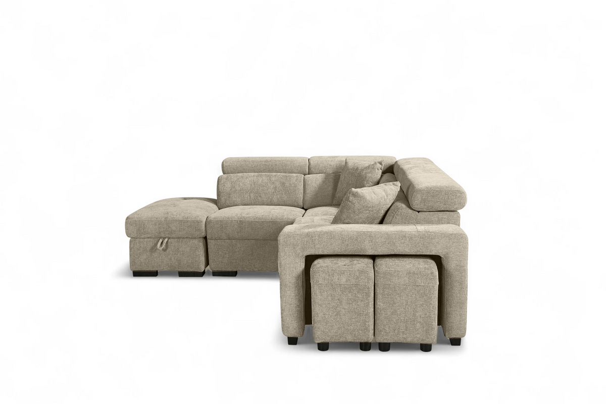 Beige Chenille Fabric 1C2 Corner Sofabed with Storage and Ottomans AMELIA