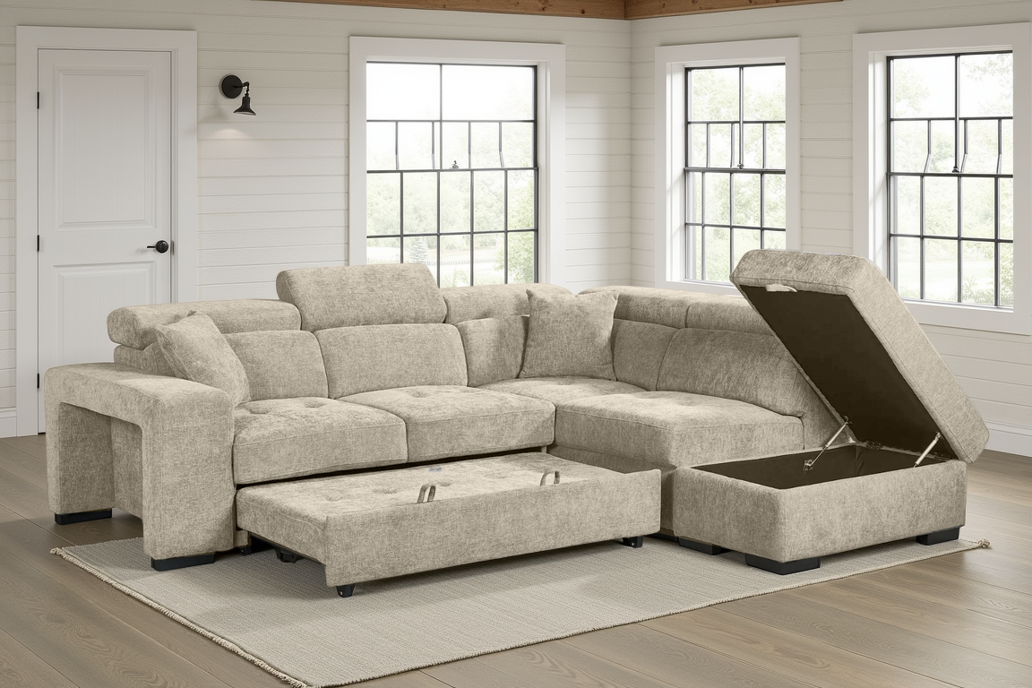 Beige Chenille Fabric 2C1 Corner Sofabed with Storage and Ottomans AMELIA