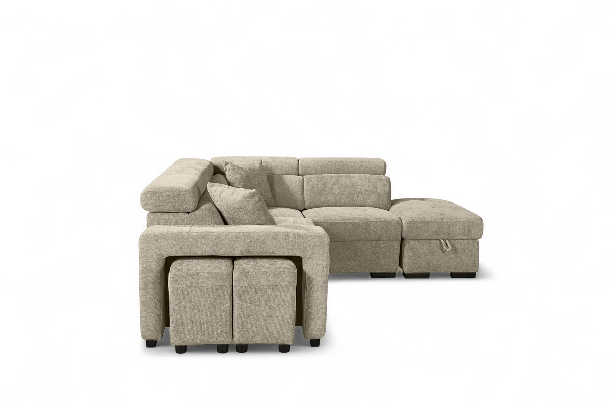 Beige Chenille Fabric 2C1 Corner Sofabed with Storage and Ottomans AMELIA