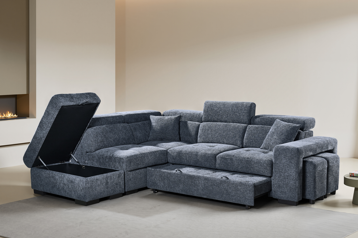Pale Blue Chenille Fabric 1C2 Corner Sofabed with Storage and Ottomans AMELIA