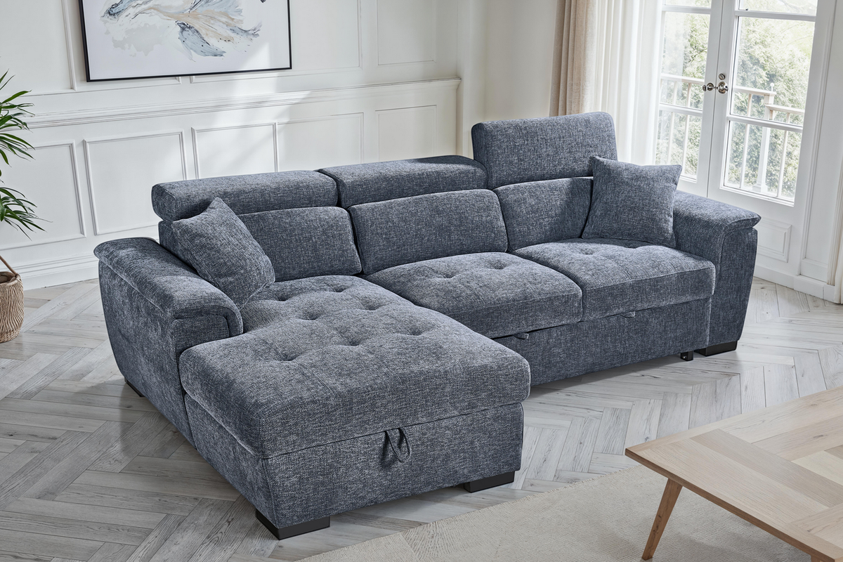 Pale Blue Chenille Fabric 1C2 Corner Sofabed with Storage WILSON
