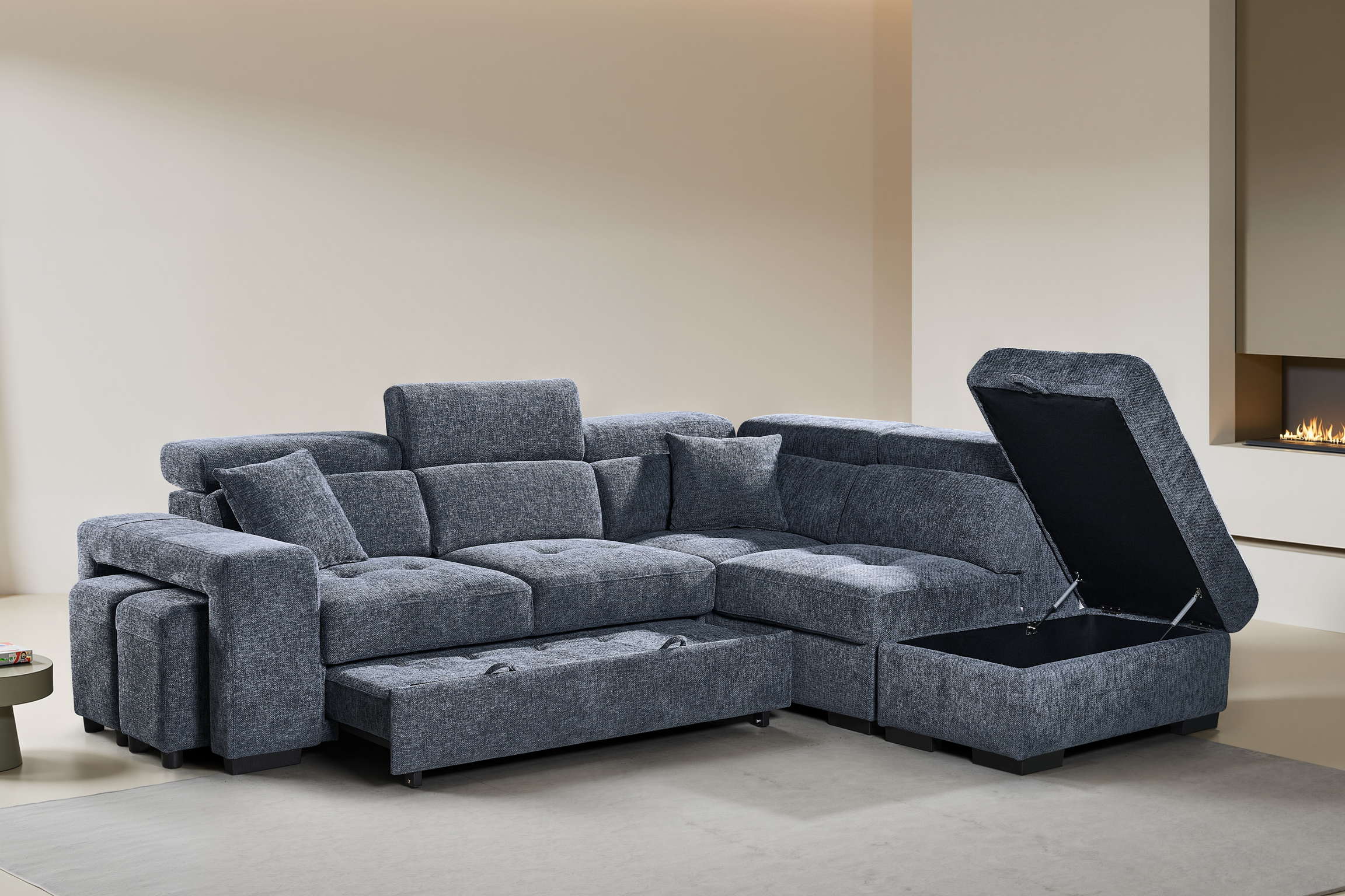 Pale Blue Chenille Fabric 2C1 Corner Sofabed with Storage and Ottomans AMELIA