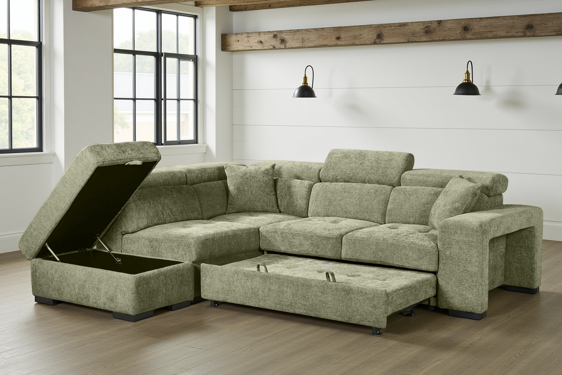 Green Chenille Fabric 1C2 Corner Sofabed with Storage and Ottomans AMELIA