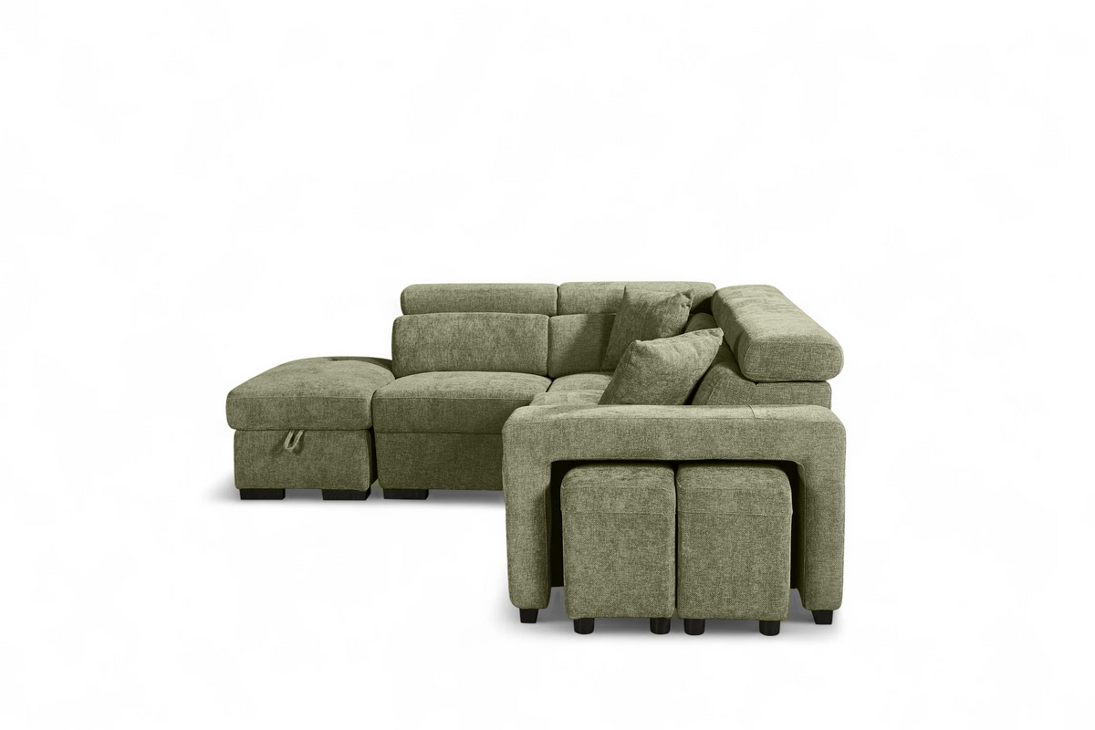 Green Chenille Fabric 1C2 Corner Sofabed with Storage and Ottomans AMELIA