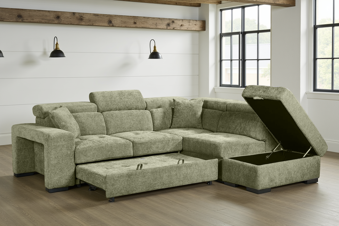 Green Chenille Fabric 2C1 Corner Sofabed with Storage and Ottomans AMELIA