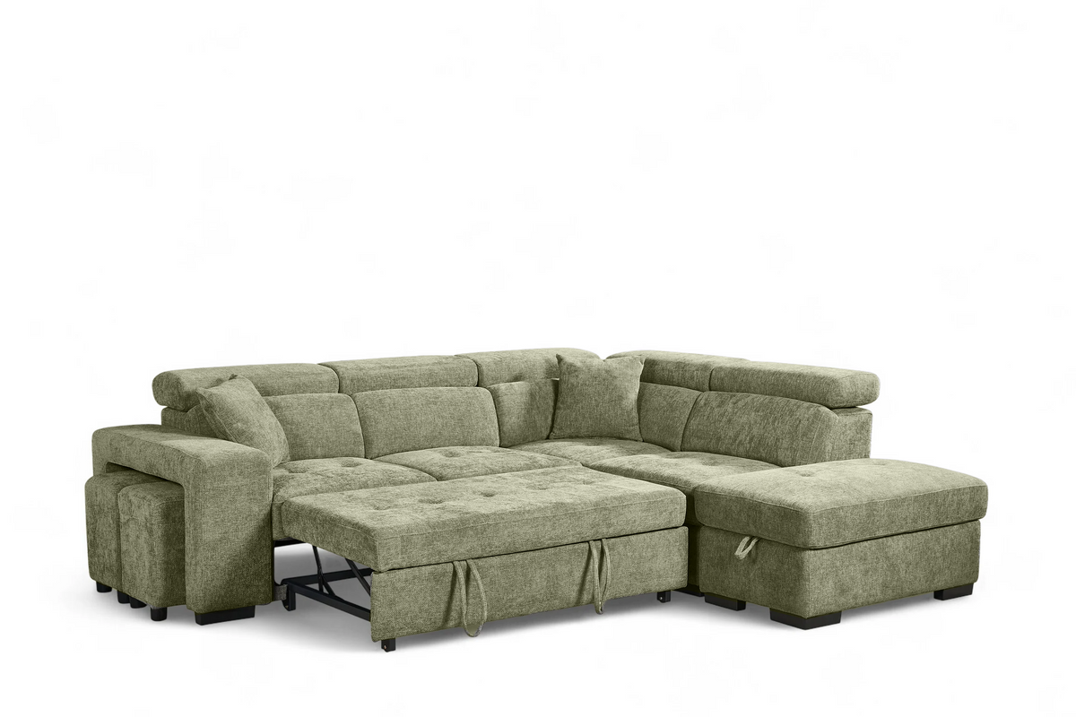 Green Chenille Fabric 2C1 Corner Sofabed with Storage and Ottomans AMELIA