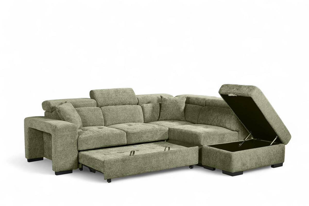 Green Chenille Fabric 2C1 Corner Sofabed with Storage and Ottomans AMELIA
