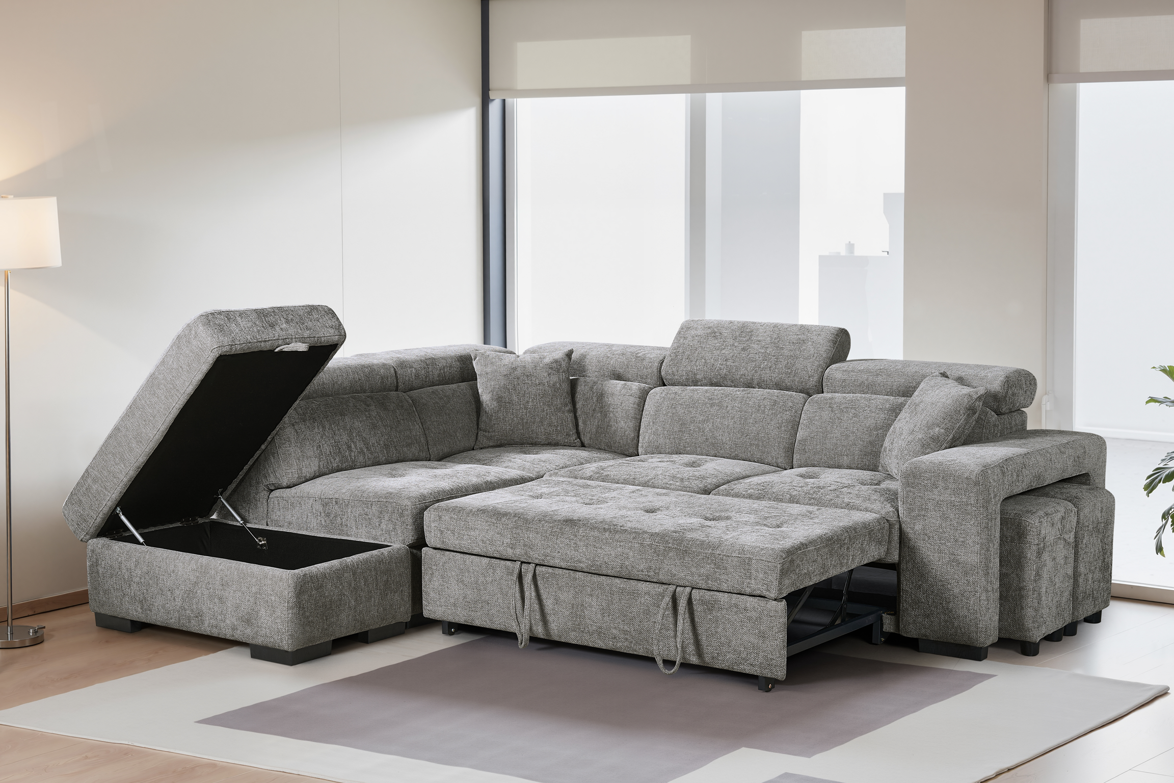 Grey Chenille Fabric 1C2 Corner Sofabed with Storage and Ottomans AMELIA