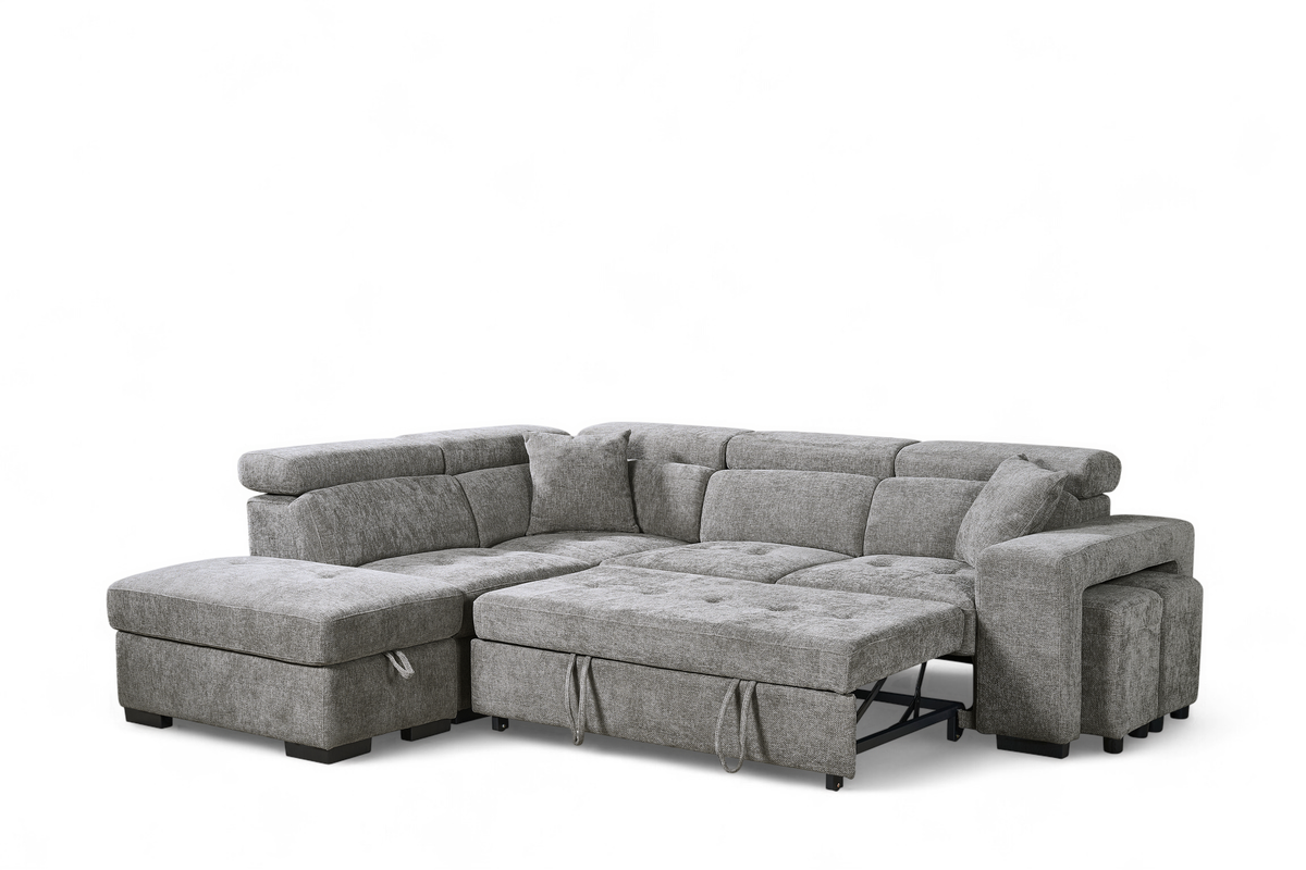 Grey Chenille Fabric 1C2 Corner Sofabed with Storage and Ottomans AMELIA