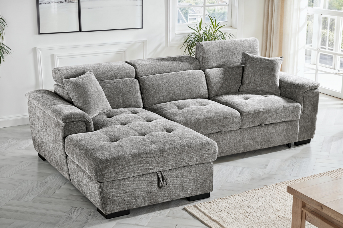 Grey Chenille Fabric 1C2 Corner Sofabed with Storage WILSON