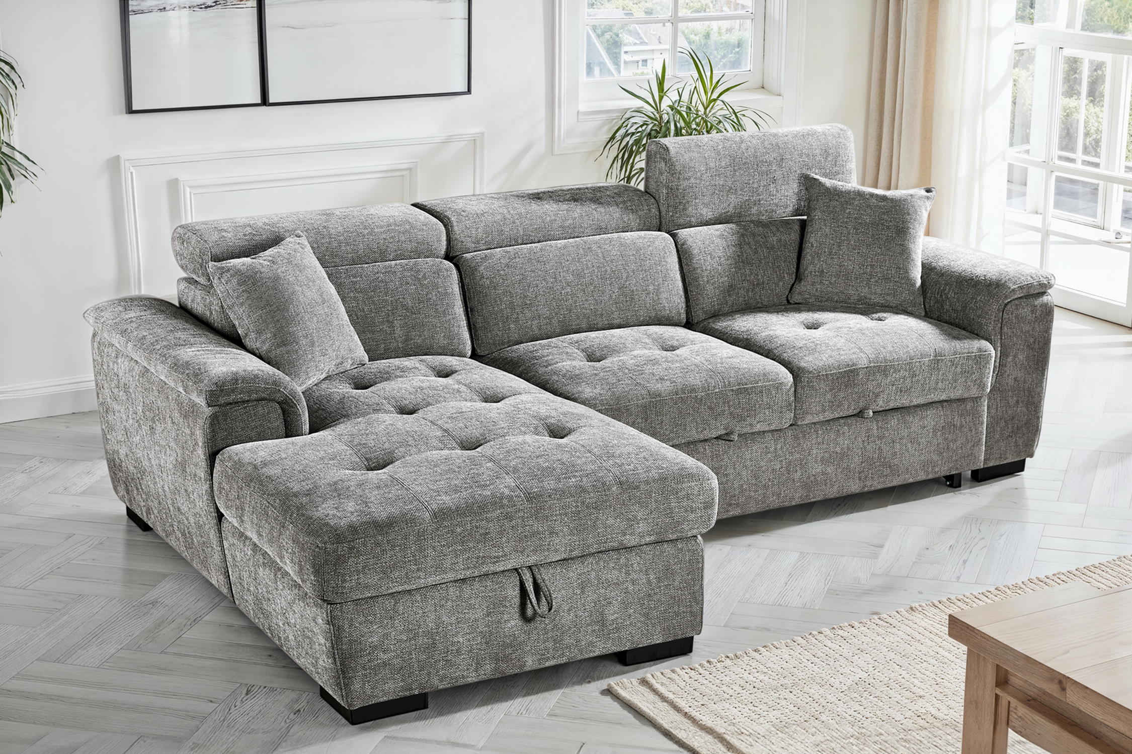 Grey Chenille Fabric 1C2 Corner Sofabed with Storage WILSON