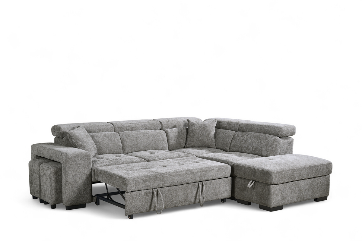 Grey Chenille Fabric 2C1 Corner Sofabed with Storage and Ottomans AMELIA