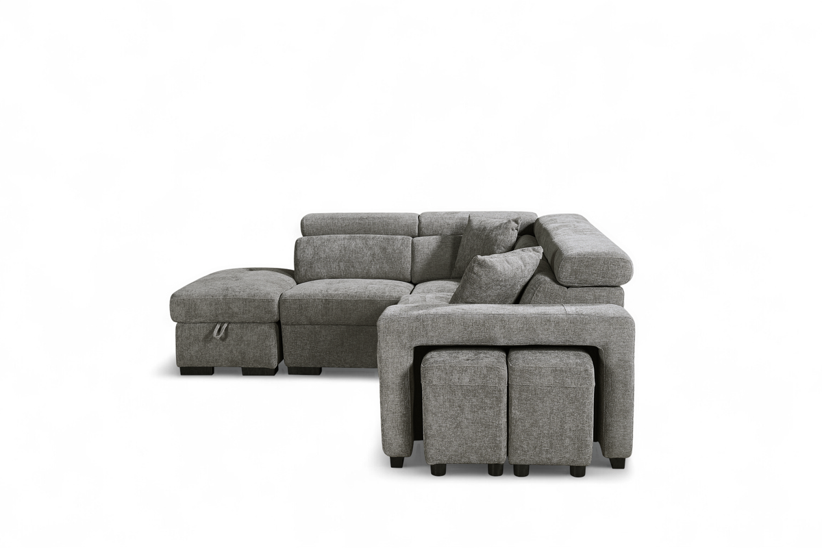 Grey Chenille Fabric 1C2 Corner Sofabed with Storage and Ottomans AMELIA