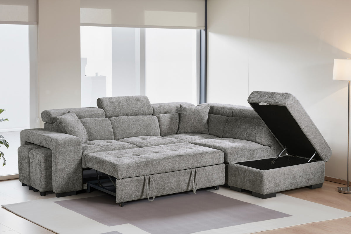 Grey Chenille Fabric 2C1 Corner Sofabed with Storage and Ottomans AMELIA