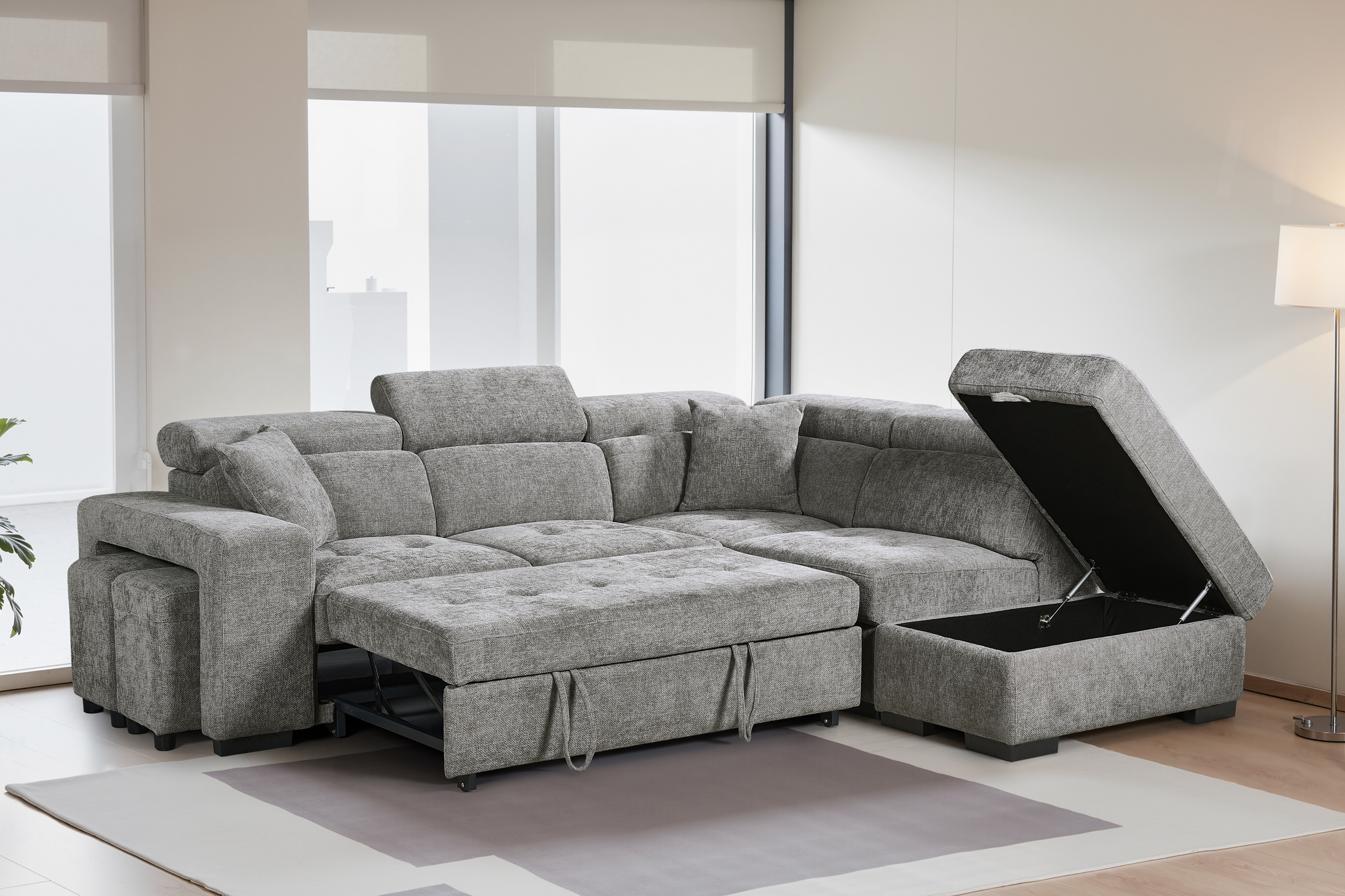 Grey Chenille Fabric 2C1 Corner Sofabed with Storage and Ottomans AMELIA